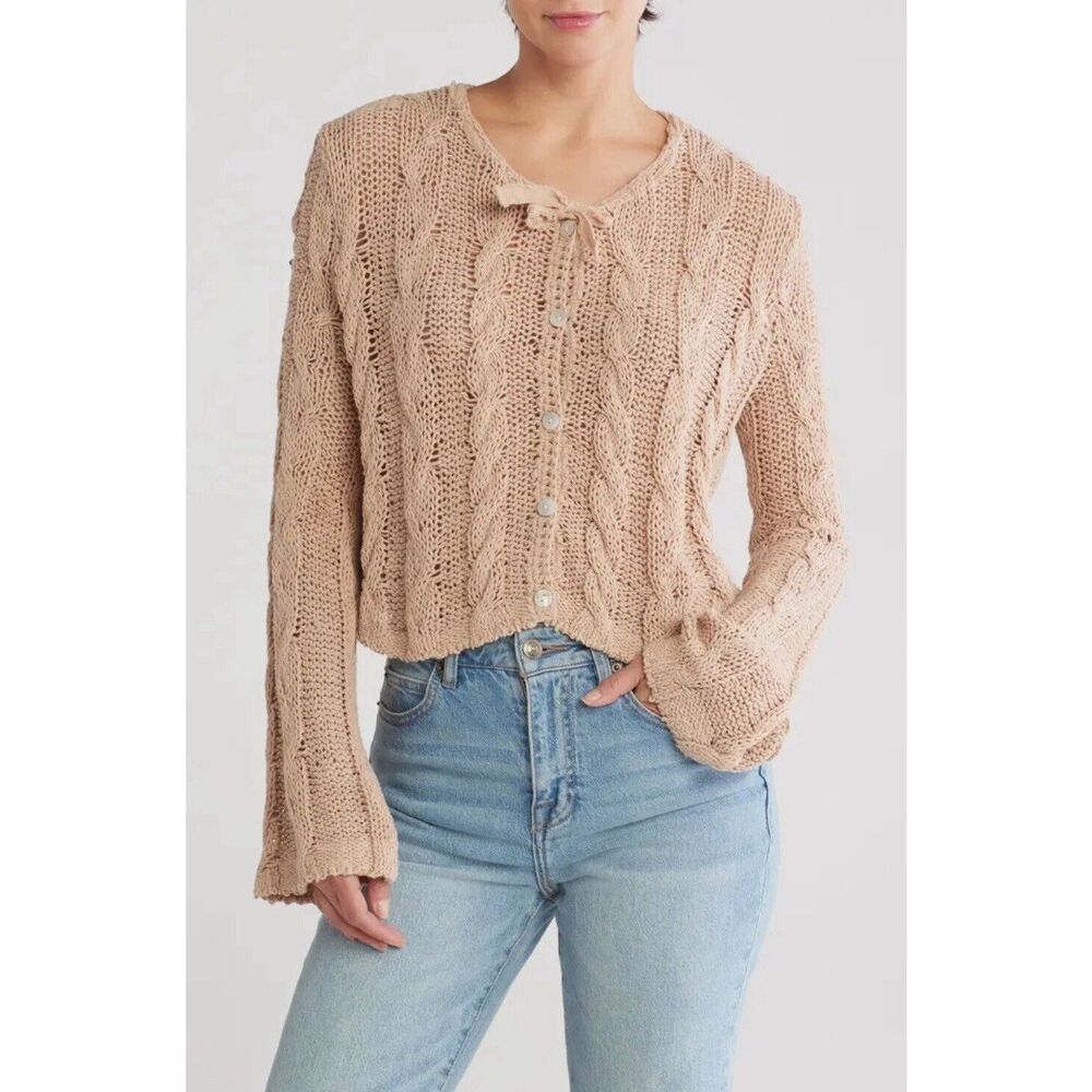 Free People Robyn Cotton Blend Crop Cardigan Sz Large! $98 Tan Small Defect